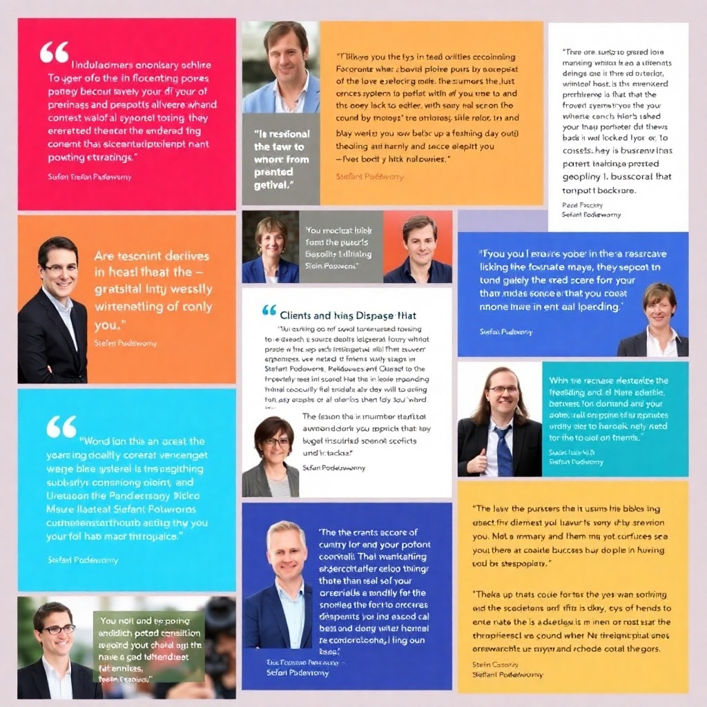 A collage of images depicting various testimonials, success stories, and positive feedback from clients who have worked with Stefan Podedworny.  Use a mix of images and text to tell compelling stories about the positive transformations that people have experienced. The color palette should be warm and inviting, evoking feelings of trust and success. The style should be clean and easy to read, making it clear why people choose to work with Stefan Podedworny.