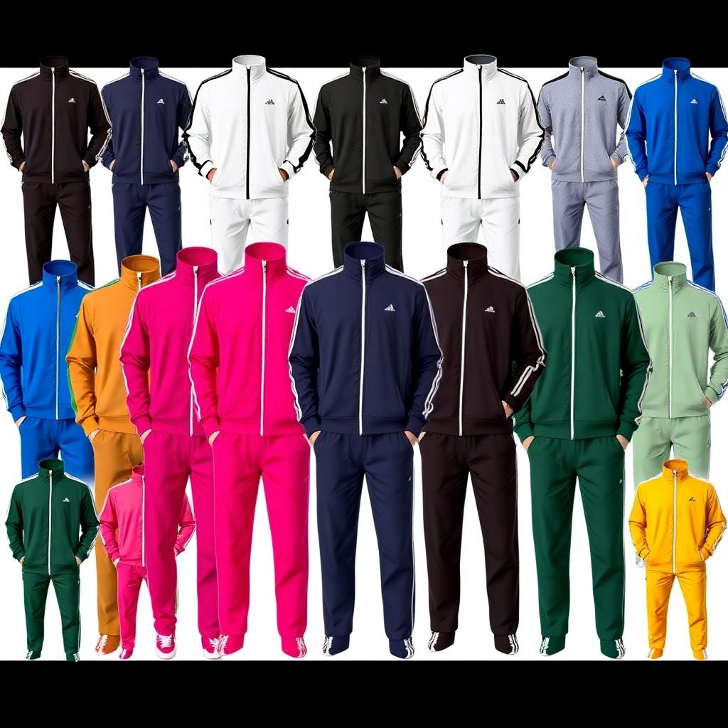 A collage showcasing a variety of tracksuits in different colors and styles, emphasizing the wide selection available.