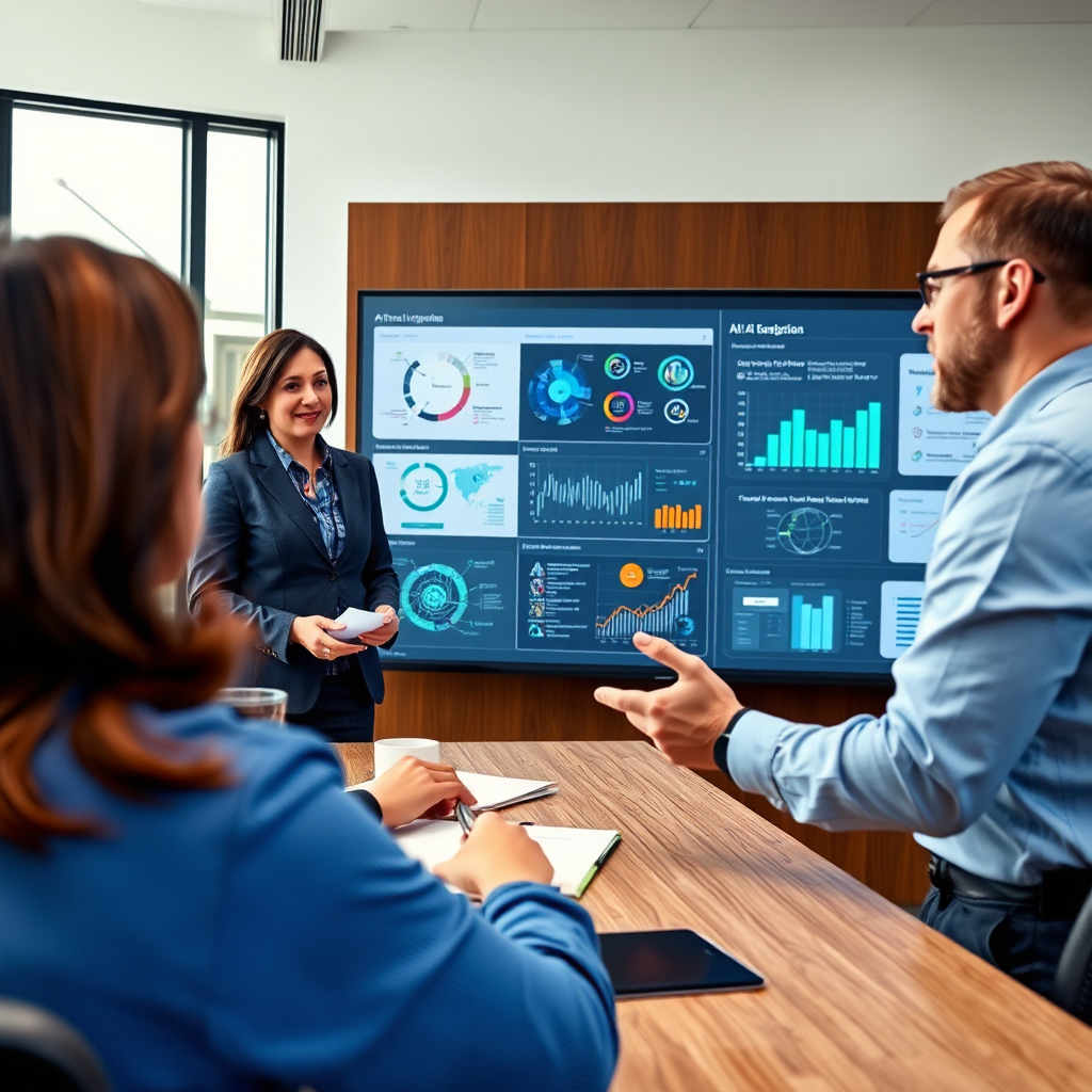 A consultant presenting AI-driven insights to a client, using data visualizations and interactive dashboards. The client is engaged and receptive, asking questions and providing feedback. The meeting room is modern and professional, with a large display showing the AI analysis. The style is collaborative and insightful, conveying the value of AI-driven consulting. Technical Specs: 4K resolution, photorealistic, dynamic composition.