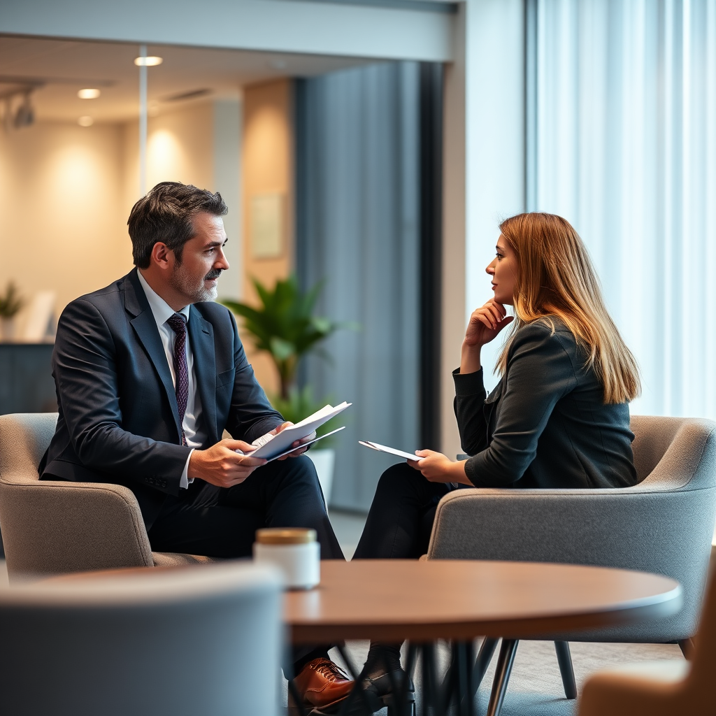 A consultant sitting across from a client, listening attentively and taking notes. The environment is a modern office setting. The lighting is soft and professional, creating a welcoming atmosphere. Style: Business consulting stock photo.