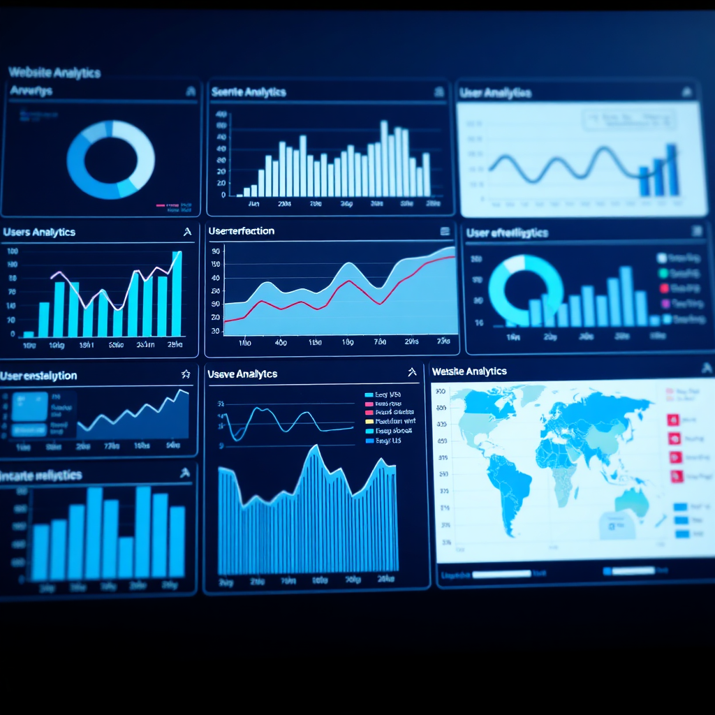 A data visualization showing website analytics and user behavior. The visualization includes charts, graphs, and heatmaps, providing insights into how users interact with the website. The color palette is clean and modern, using shades of blue, gray, and white. The overall impression is one of data-driven decision-making. The lighting is soft and diffused. Camera angle is slightly angled to show the different elements of the visualization. Style reference: Data visualization, information design. 4K resolution.