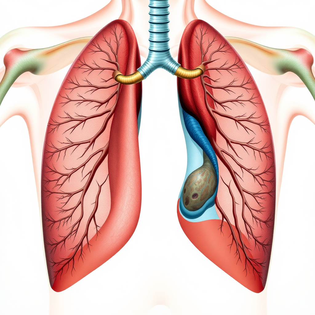 A detailed anatomical illustration showcasing the human respiratory system, with emphasis on the lungs, diaphragm, and airways. The style is scientific and informative, using realistic colors and textures. No people should be represented. Consider soft backlighting and soft color palette.