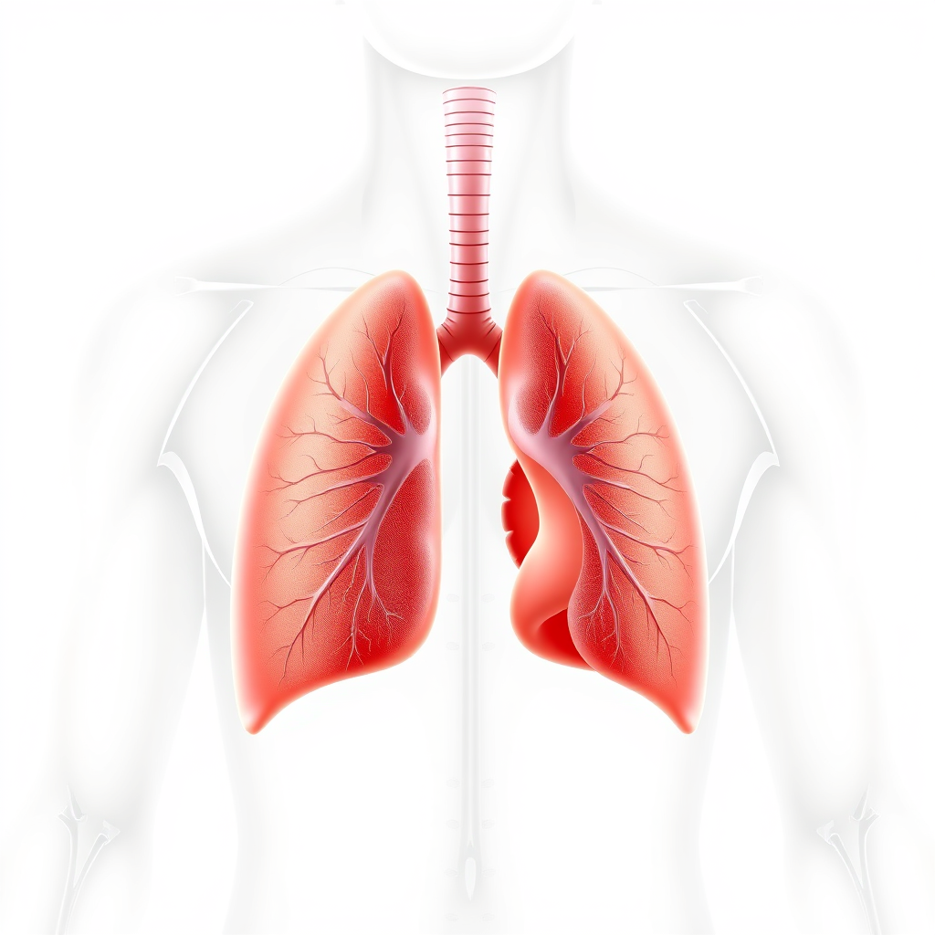 A detailed, anatomically correct diagram of the human respiratory system. The lungs are highlighted in a soft, vibrant color. The background is a clean, white medical illustration style.
