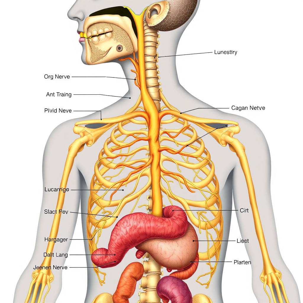 A detailed illustration of the human nervous system, highlighting the vagus nerve and its connection to various organs. The style is scientific and informative, using realistic colors and textures. Focus on the vagus nerve. No people should be represented.