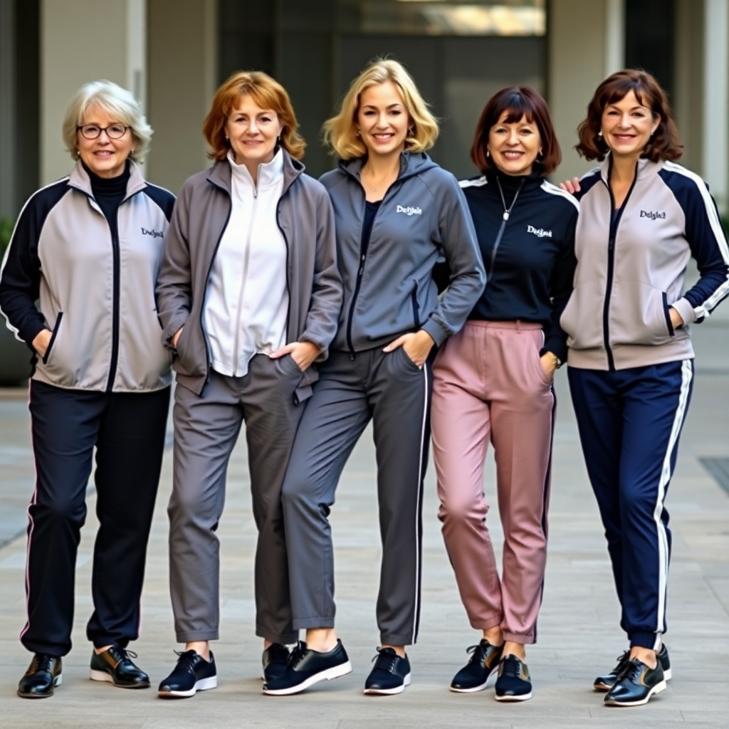 A diverse group of women (40s-60s) wearing various Dżesika w Dresiku tracksuits, styled in different ways to show versatility. Focus on showing various styles and ages.
