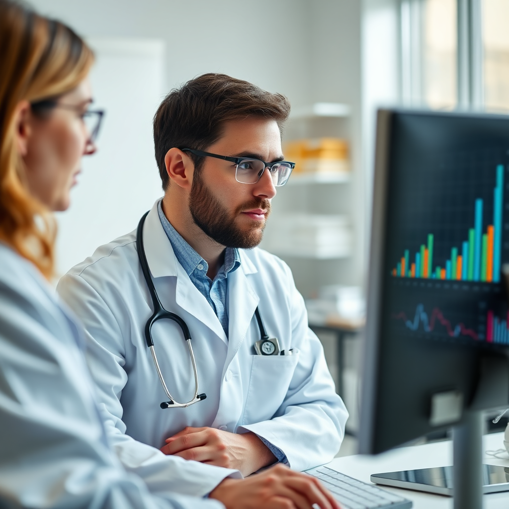 A doctor or scientist in a laboratory setting looking at data on a computer screen. Focus on charts and graphs showing improvement. Style: Scientific publication image.