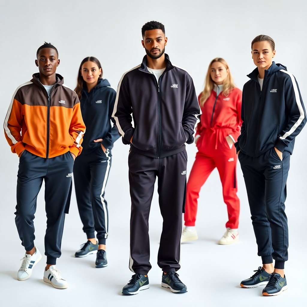 A fashion shoot style image featuring models of different body types and ages wearing the tracksuits in various settings, showcasing the versatility of the product.
