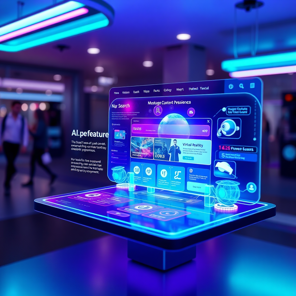 A futuristic user interface showcasing advanced website features and functionalities. The image depicts a holographic display with interactive elements, such as AI-powered search, personalized content recommendations, and virtual reality experiences. The color palette is futuristic and vibrant, using shades of blue, purple, and green. The overall impression is one of innovation and technological advancement. The lighting is soft and diffused. Camera angle is slightly angled to show the different elements of the interface. Style reference: Futuristic UI design, augmented reality. 4K resolution.