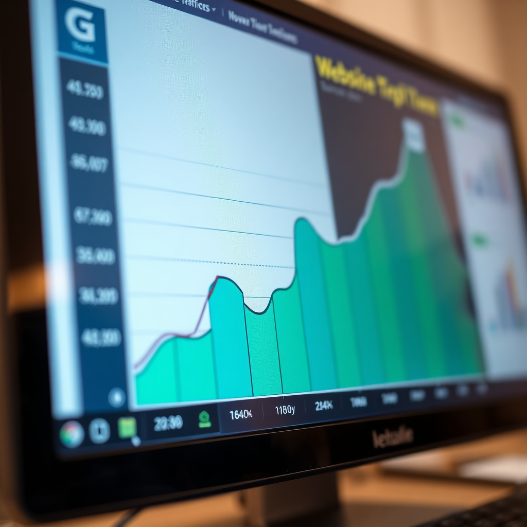 A graph showing website traffic increasing over time. The graph is displayed on a computer screen with various SEO tools visible in the background. The color palette includes shades of green and blue to represent growth and success. The overall impression is one of data-driven optimization. Camera angle: Close-up on the screen.