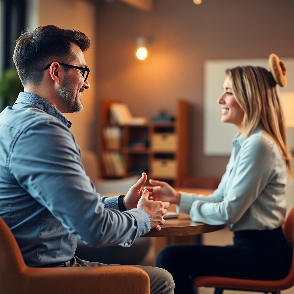 A high-quality image depicting a friendly consultation between a designer and a client. The image should emphasize the collaborative and supportive nature of the consultation process. The lighting should be warm and inviting, creating a comfortable atmosphere. The color palette should be professional yet approachable. The overall style should be collaborative and approachable, highlighting the value of personal consultation.