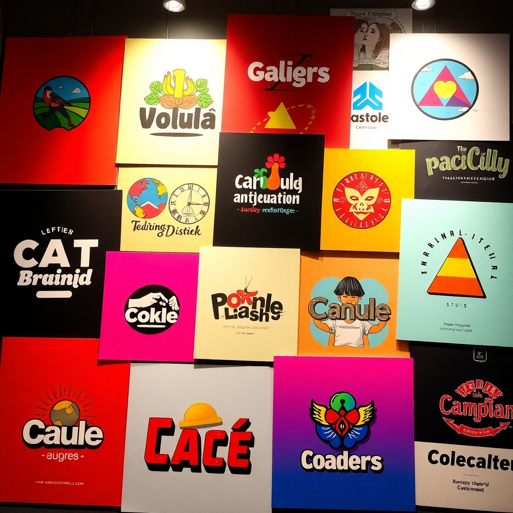 A high-quality image showcasing a collection of unique and visually appealing graphic designs. The image should highlight the use of color, typography, and illustration to create a consistent brand identity. The lighting should highlight the details and textures of the designs. The color palette should be vibrant and varied, showcasing the diversity of the graphic design styles. The overall style should be creative and professional, reflecting a sophisticated aesthetic.