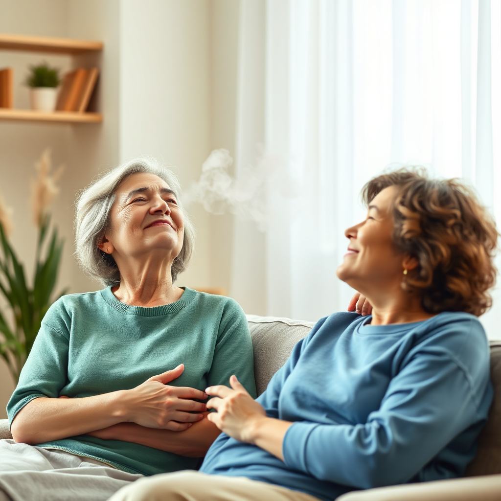 A hopeful and uplifting scene where a therapist uses scent-based therapy to help a patient overcome anxiety. The patient is relaxed and calm, breathing in pleasant scents that promote emotional well-being. The therapist is supportive and empathetic. The style is warm and inviting, conveying the positive impact of scent-based therapy. Technical Specs: 4K resolution, photorealistic, soft lighting.
