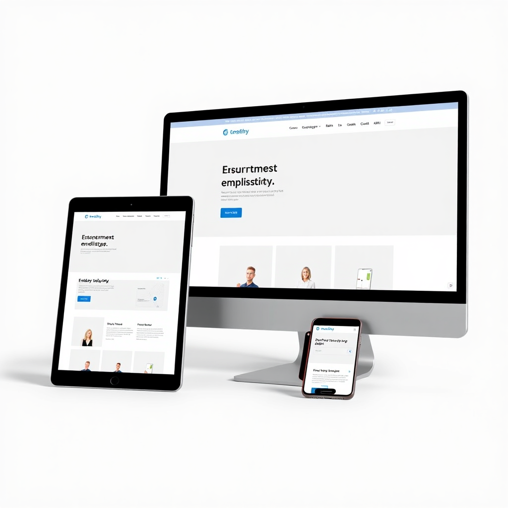 A mock-up showing a website being displayed on a variety of devices (desktop, tablet, smartphone). The design adapts seamlessly to different screen sizes and orientations, maintaining a consistent look and feel across all platforms. The color palette is consistent with the overall minimalist design, using shades of white and gray, with blue accents. The layout is clean and uncluttered, ensuring a positive user experience on all devices. The lighting is natural and realistic. Camera angle is slightly angled to showcase the different devices. Style reference: Modern, responsive web design mock-up. 4K resolution.
