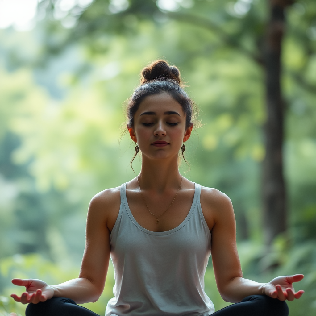 A person meditating in a calm, natural environment. Soft, diffused lighting. The person is calm and relaxed, with a serene expression on their face. The focus is on the peacefulness and tranquility of the moment, conveying the stress-reducing effects of mindfulness. Style references: Yoga photography.