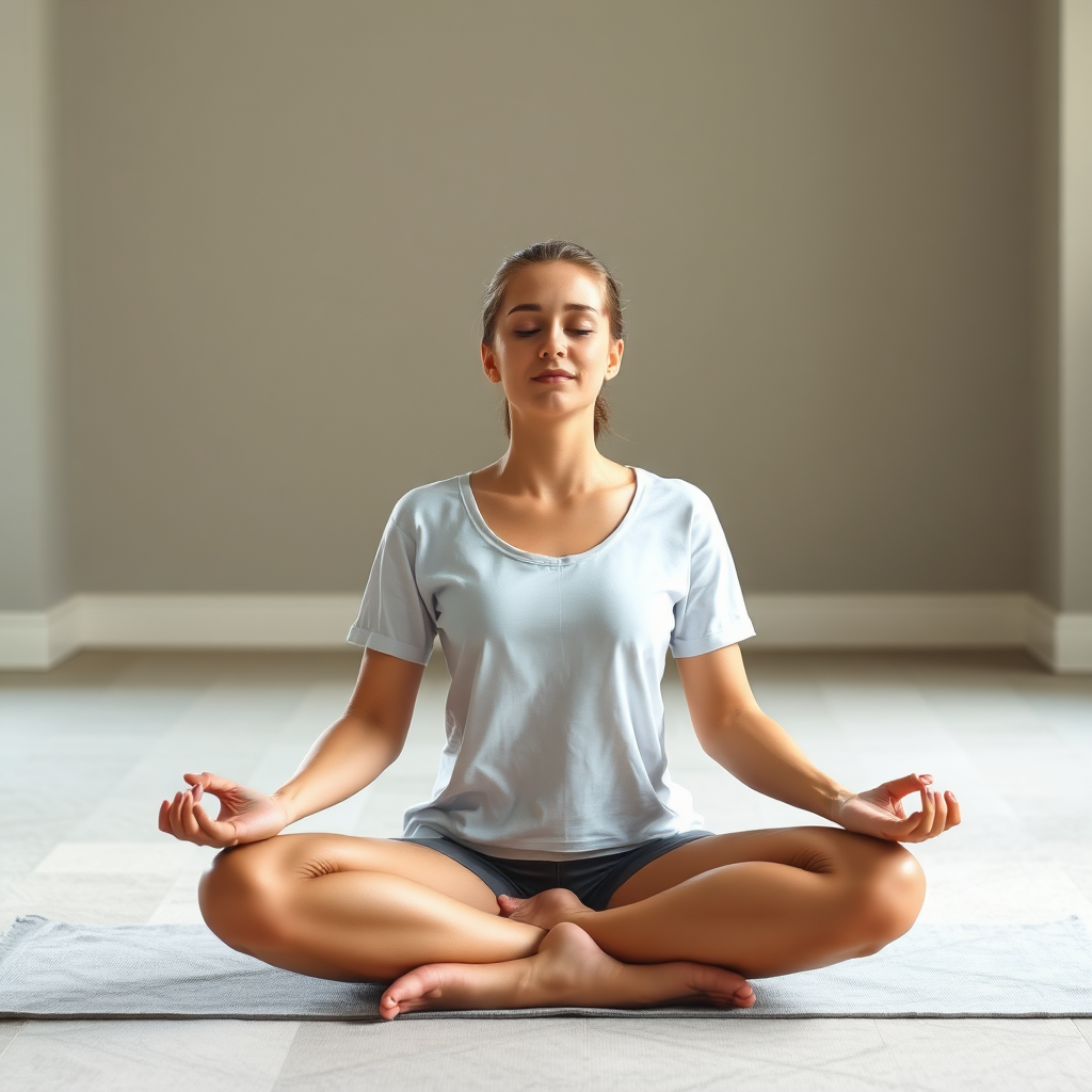 A person meditating peacefully in a quiet space, with soft, natural light filtering through a window. They are surrounded by calming colors and minimal distractions.