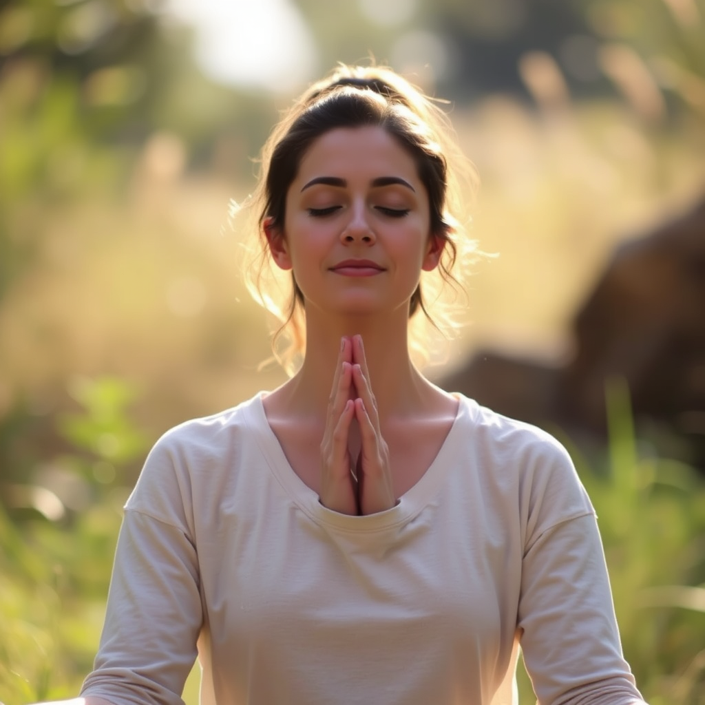 A person peacefully meditating in a natural setting, focusing on their breath. Soft, natural light illuminates their face. Use muted colors and a shallow depth of field to create a sense of tranquility.
