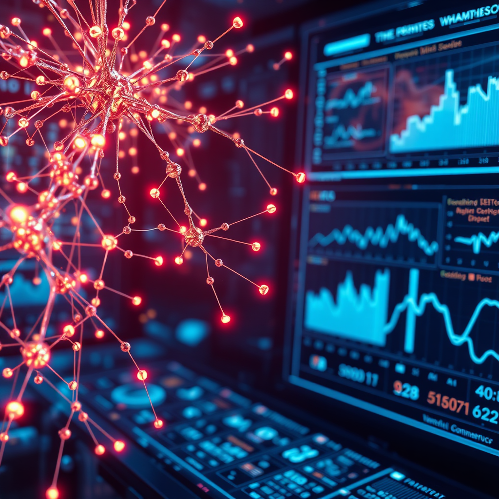 A photorealistic depiction of a neural network visually processing scent data. The network is represented as a complex web of interconnected nodes, glowing with energy. Scent molecules, depicted as stylized icons, flow into the network, triggering activity and generating data visualizations. The background is a futuristic interface, displaying graphs and charts derived from the AI analysis. The style should be modern and technological, emphasizing the power of AI. Technical Specs: 4K resolution, digital rendering, vibrant color palette.