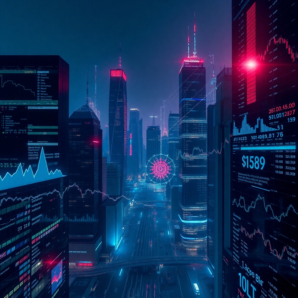 A photorealistic image depicting a futuristic cityscape at night, with holographic displays showing stock market information and economic data.  Incorporate stylized elements that represent the emotional and psychological factors influencing these economic trends, such as abstract shapes and color gradients that suggest human emotions.  The color palette should be dark and moody, with vibrant accents to highlight data points and key economic shifts. The overall style should be high-tech and dynamic, reflecting the rapid pace of modern economics.