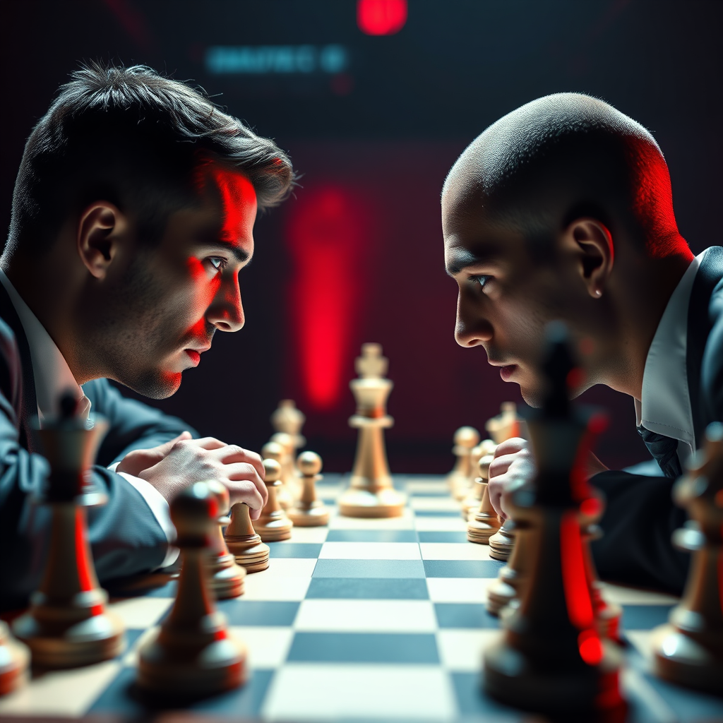 A photorealistic image depicting two chess players facing each other, with AI algorithms analyzing their moves in real-time. The algorithms are projecting potential outcomes and suggesting optimal strategies. The lighting should be dramatic and intense, emphasizing the competitive nature of the game. The color palette should consist of deep blues and reds, with accents of white and black to symbolize the chessboard. Camera angle: Close-up, focusing on the players' faces and the chess pieces. Texture details should be sharp and detailed. Style references: Chess, competition, strategy. Technical specs: 4K resolution, high quality, professional photography style.