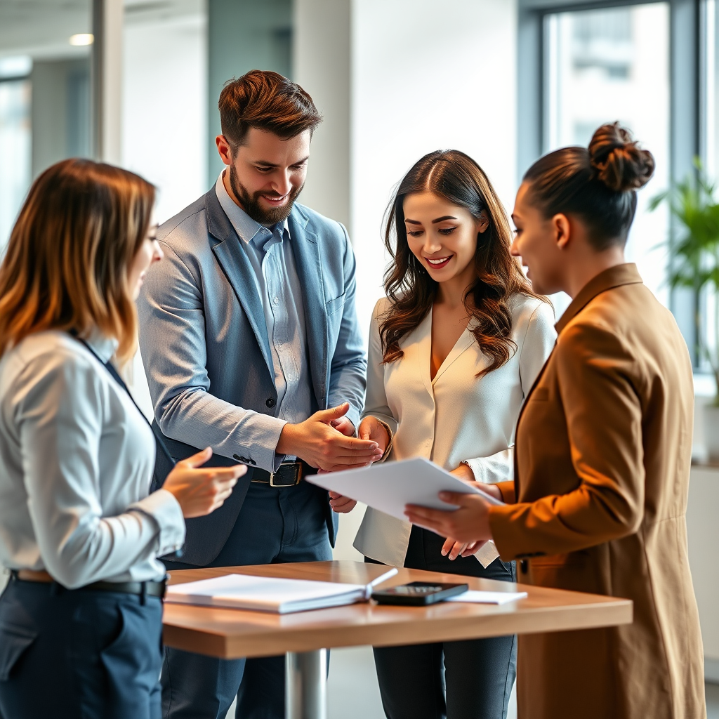 A photorealistic image depicting a team of consultants working with a client to implement an AI solution. The image should convey a sense of collaboration, innovation, and strategic thinking. The color palette should be professional and modern, with accents of blue and green. The setting should be a bright and airy office space.
