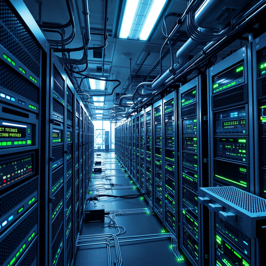 A photorealistic image depicting a network of interconnected servers and devices seamlessly communicating with each other. AI algorithms are orchestrating the flow of data and ensuring smooth integration. The lighting should be bright and clean, emphasizing the efficiency and reliability of the integration. The color palette should consist of cool grays and blues, with accents of vibrant green to symbolize connectivity. Camera angle: Wide shot, capturing the entire network of devices. Texture details should be metallic and modern. Style references: System integration, network architecture, technology. Technical specs: 4K resolution, high quality, professional photography style.