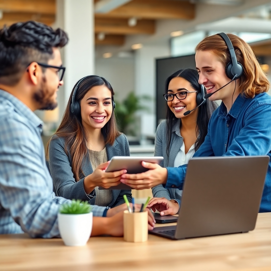 A photorealistic image depicting a friendly support team assisting a client with their website. The scene should be inviting and reassuring, promoting the trust and support aspect. The atmosphere is a modern, collaborative workspace. Technical Specs: 4K resolution image with focus on visual appeal and client-centric support.