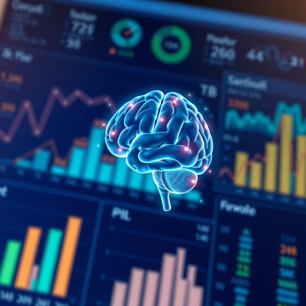 A photorealistic image depicting a data dashboard with various charts and graphs, highlighting key performance indicators (KPIs). Overlaid on the dashboard is a faint holographic projection of a human brain, subtly suggesting the integration of AI in data analysis. The lighting should be soft and professional, emphasizing the clarity of the data visualizations. The color palette should be primarily blues and greens, with accents of orange and yellow to highlight important data points. Camera angle: Close-up, focusing on the details of the dashboard and the holographic overlay. Texture details should be sharp and modern. Style references: Data visualization, business intelligence, technology. Technical specs: 4K resolution, high quality, professional photography style.
