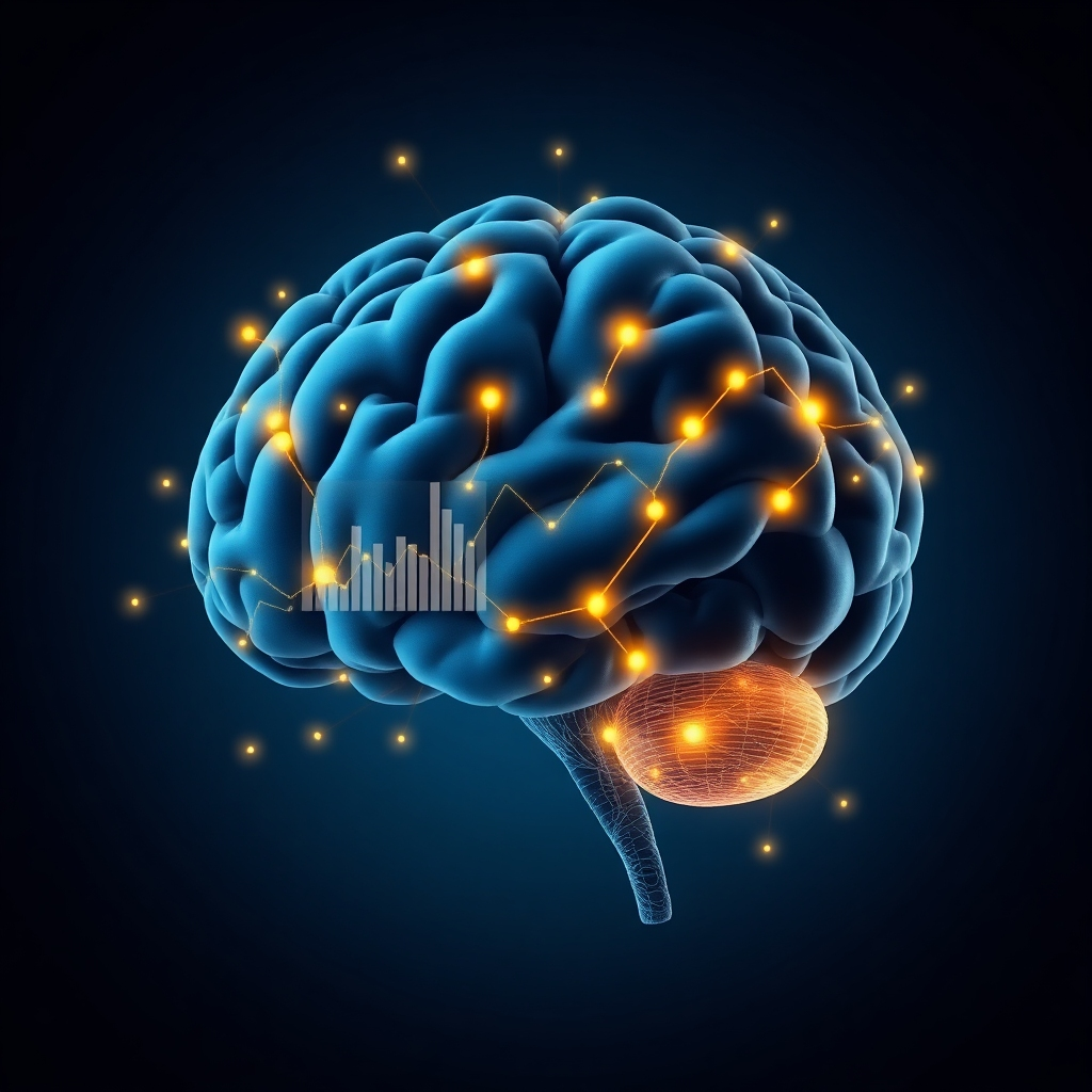 A photorealistic image depicting a stylized human brain, with glowing synapses firing, overlaid with economic charts and graphs. The overall style should be clean, modern, and slightly abstract, suggesting the complex interplay between the biological and economic realms.  The colors should be predominantly cool tones, with accents of warm yellow-orange to highlight active neural pathways. The background could be a subtly textured dark blue, evoking the vastness of the human mind and the economy.