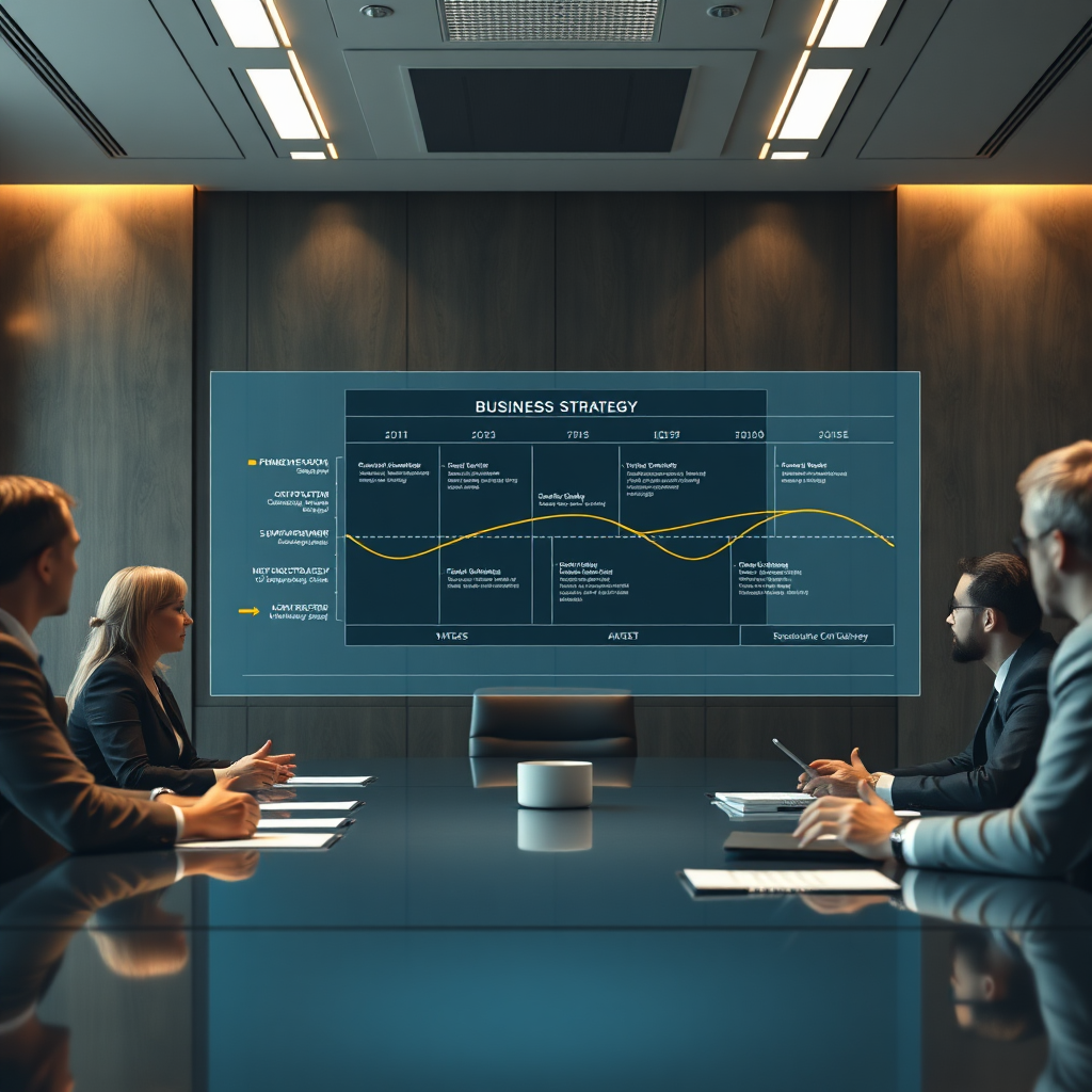 A photorealistic image depicting a boardroom meeting with executives analyzing a holographic projection of a business strategy roadmap. The roadmap shows key milestones, dependencies, and potential risks. The lighting should be professional and sophisticated, emphasizing the importance of strategic planning. The color palette should consist of muted blues and grays, with accents of warm gold to symbolize strategic insight. Camera angle: Wide shot, capturing the entire boardroom and the holographic projection. Texture details should be sharp and detailed. Style references: Business strategy, boardroom meeting, technology. Technical specs: 4K resolution, high quality, professional photography style.