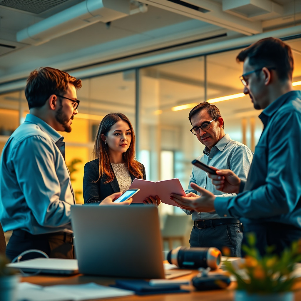 A photorealistic image depicting a team of AI experts collaborating in a modern office, analyzing data and developing AI solutions. The experts are engaged and passionate about their work, providing professional support to their clients. The lighting should be warm and inviting, emphasizing the human element of the AI solutions. The color palette should consist of muted blues and greens, with accents of warm orange and yellow to symbolize collaboration. Camera angle: Eye-level, capturing the team's interactions and the collaborative environment. Texture details should be sharp and detailed. Style references: AI consulting, teamwork, technology. Technical specs: 4K resolution, high quality, professional photography style.