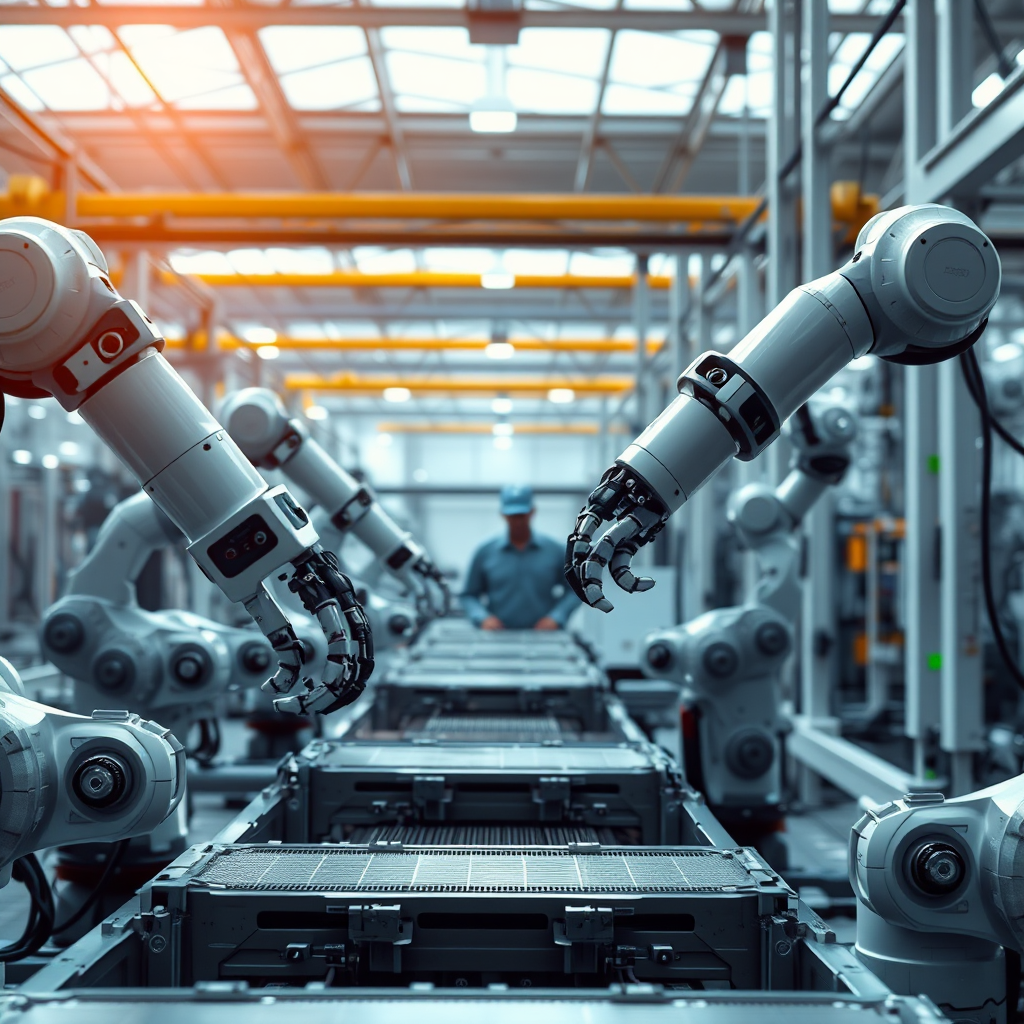 A photorealistic image depicting robotic arms working in a modern factory, seamlessly integrated with human workers. The robots are performing repetitive tasks with precision and efficiency, while the humans are overseeing the process and making strategic decisions. The lighting should be bright and clean, emphasizing the efficiency and productivity of the automated process. The color palette should consist of cool grays and blues, with accents of vibrant green to symbolize sustainability and innovation. Camera angle: Eye-level, capturing the collaboration between humans and robots. Texture details should be metallic and industrial. Style references: Automation, robotics, manufacturing. Technical specs: 4K resolution, high quality, professional photography style.