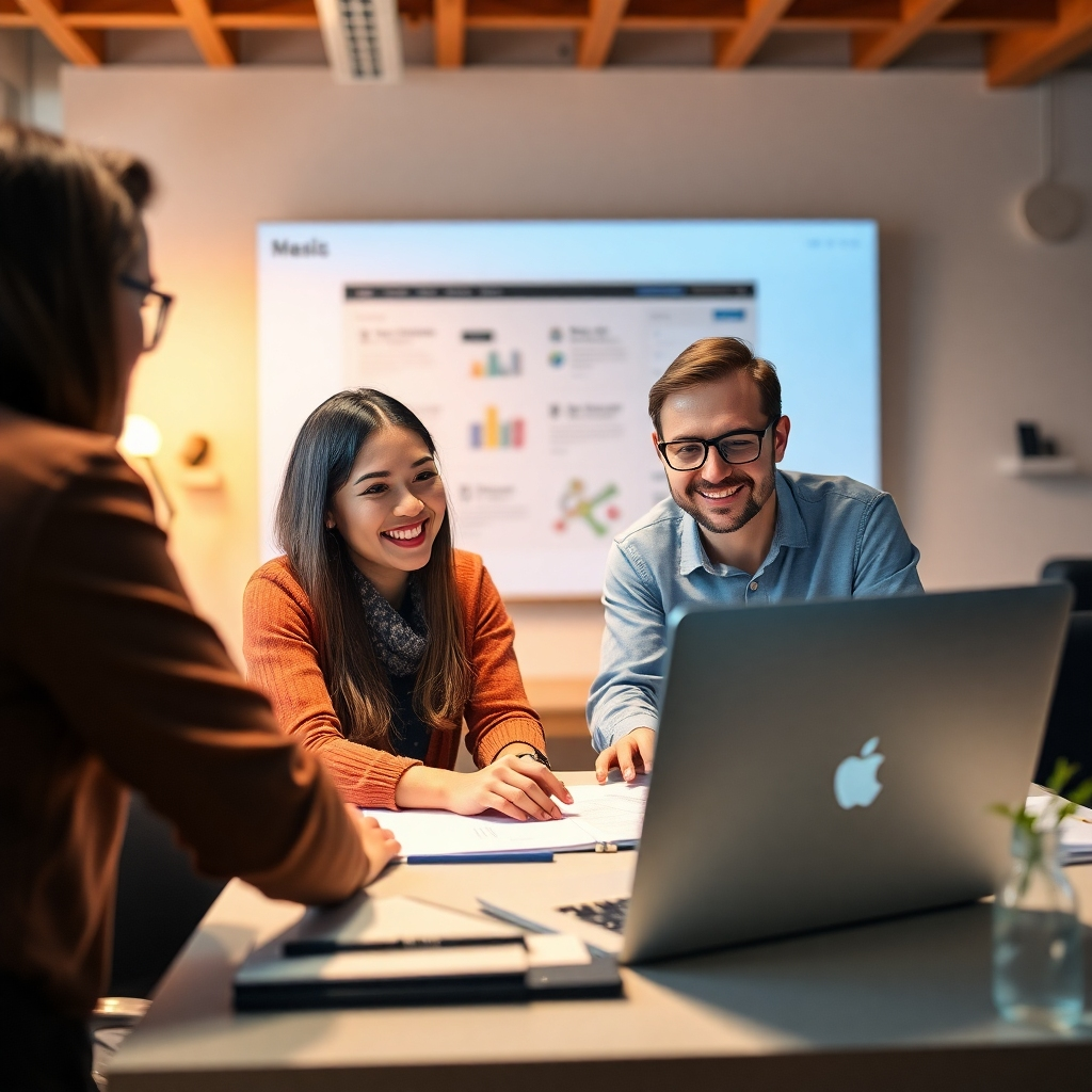 A photorealistic image depicting a friendly team of professionals working on a website project. The scene should be warm and inviting, conveying a sense of collaboration and support.  Technical Specs: 4K resolution image emphasizing positive and professional teamwork.