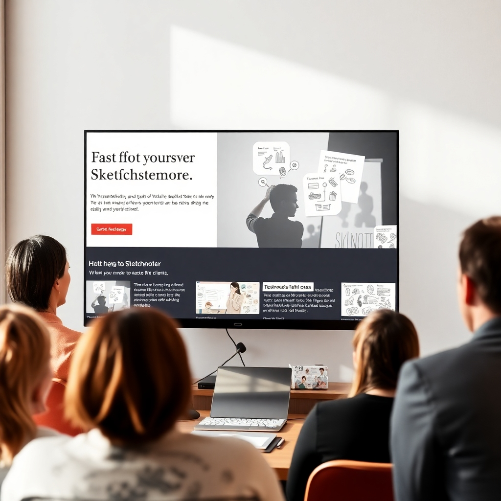 A photorealistic image of a beautifully designed website showcasing a sketchnoter's portfolio. The website should be clean, modern, and easy to navigate, with high-quality images of sketchnotes and testimonials from satisfied clients. The color palette should be sophisticated and reflect the sketchnoter's branding. The lighting should be soft and natural, creating a calming and inviting atmosphere. The composition should be balanced and visually appealing.  Technical Specs: High-quality 4K image, emphasis on realistic website design and user-friendly interface.