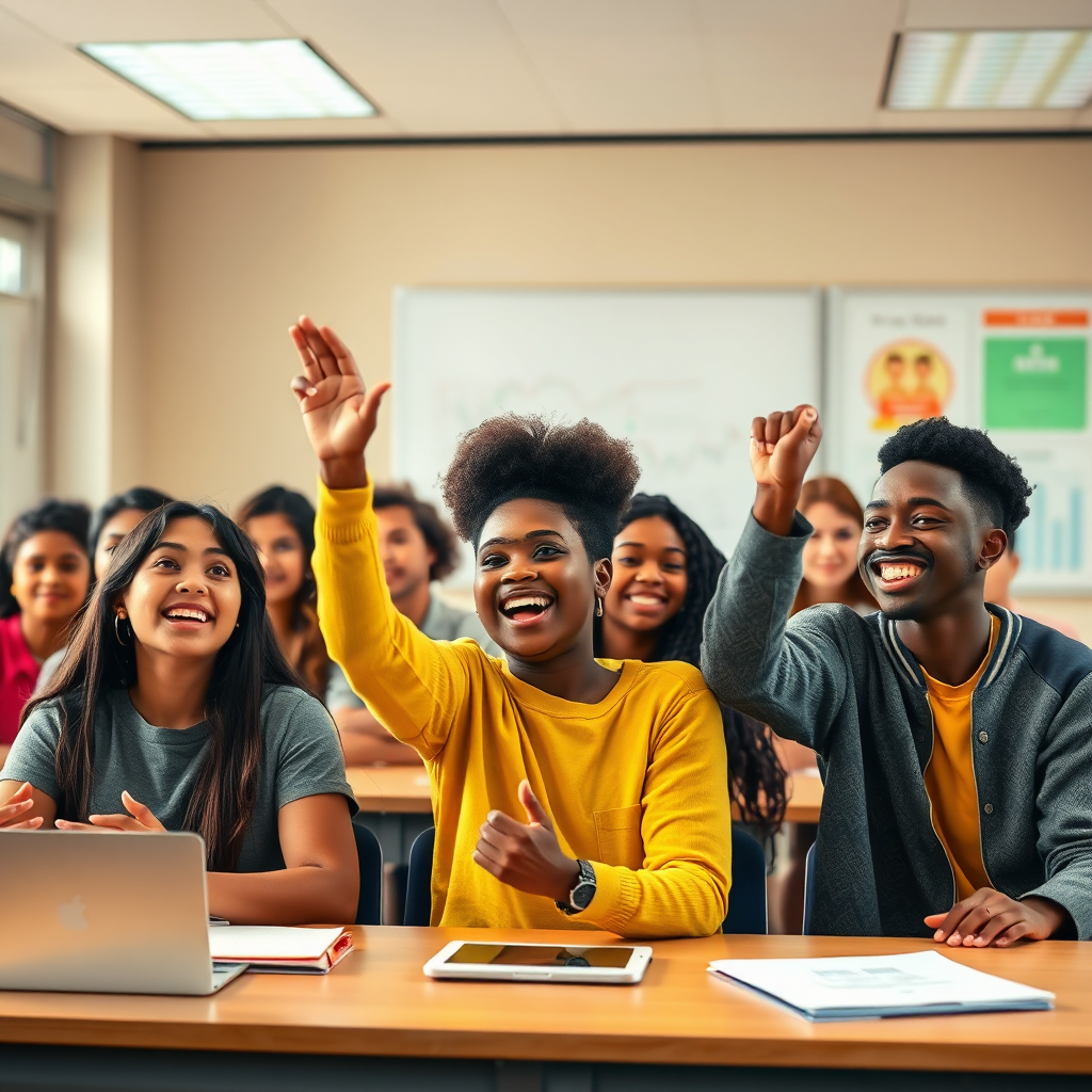 A photorealistic image of a classroom setting with a diverse group of students learning about AI concepts. The image should convey a sense of enthusiasm, engagement, and empowerment. The color palette should be warm and inviting, with accents of green and yellow.