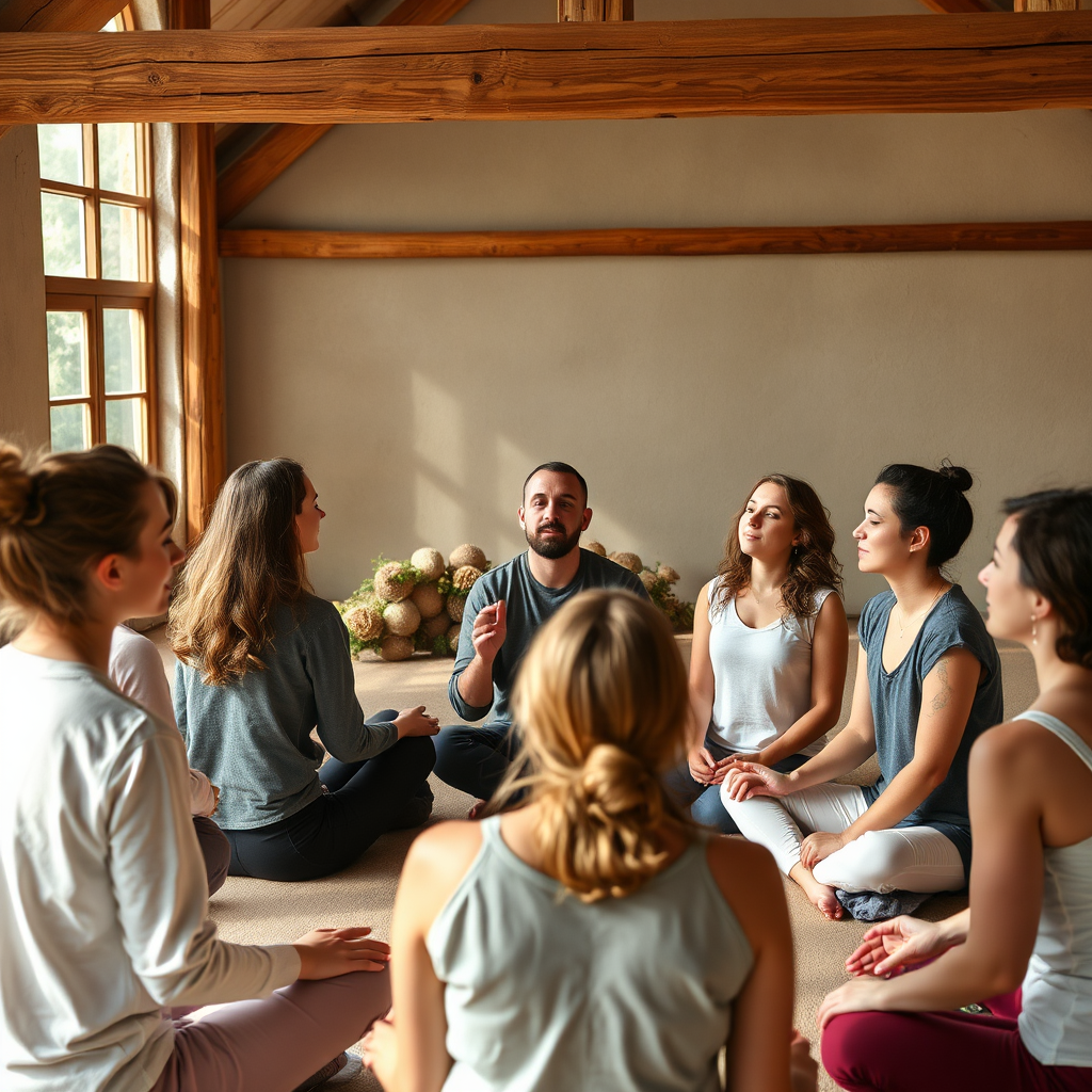A photorealistic image of a group of people participating in a breathwork workshop, led by Stefan. Focus on the sense of community and shared experience.