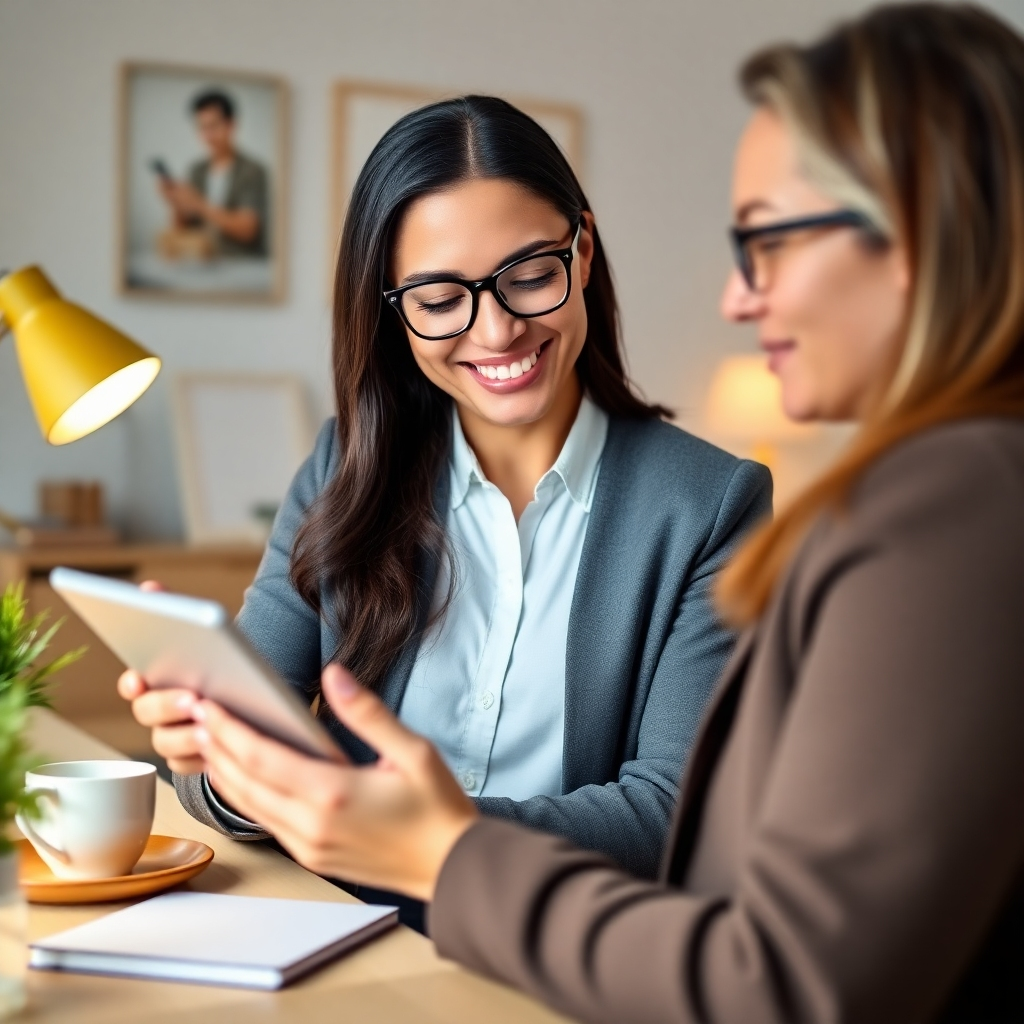 A photorealistic image of a happy client looking at a website on a tablet and smiling. The background should be a cozy, home office environment, possibly with a coffee and notebook in the background.  The lighting should be bright and welcoming, and the color scheme should be pleasant and sophisticated.  Technical Specs: 4K resolution image with attention to fine detail and creating an atmosphere of professionalism and client satisfaction.