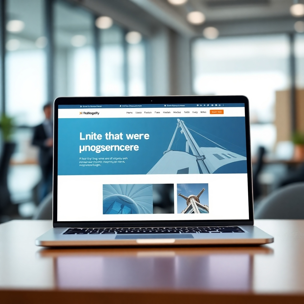 A photorealistic image of a high-quality website design on a laptop screen, focusing on clean lines, modern typography and responsive design. The background is blurred, with a bokeh effect indicating a professional office environment. The style and tone convey professionalism and visual appeal. Technical Specs: 4K image, focus on high-quality website design.