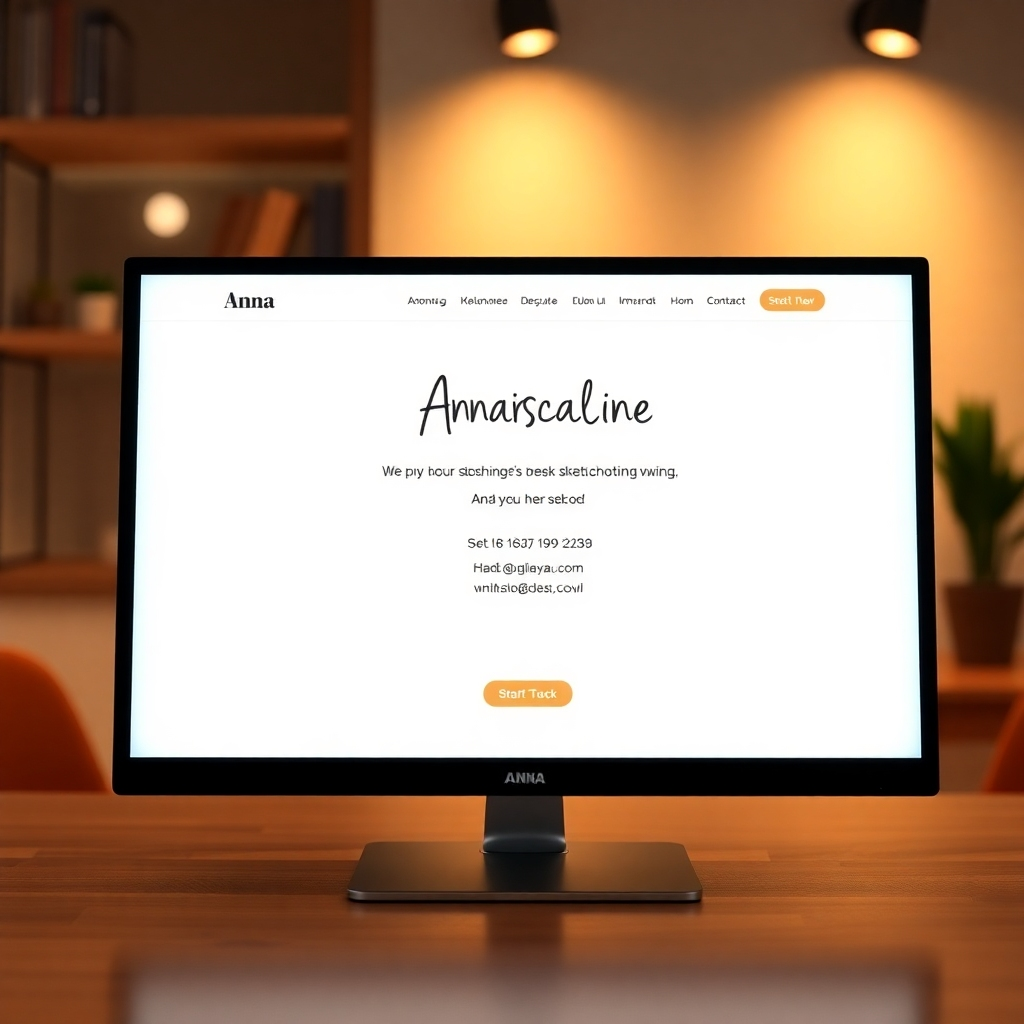 A photorealistic image of a modern, professional website displaying Anna's sketchnoting work and contact information.  The website should have a clean, sophisticated design, evoking a sense of trust and credibility. The lighting should be warm and professional. The color palette should be consistent with her brand colors. The camera angle should be directly at the screen, focusing on the website's design. The overall style should reflect her professional image and expertise.