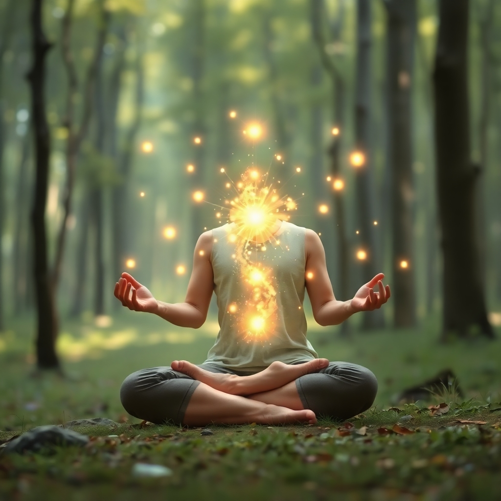 A photorealistic image of a person meditating in a serene natural setting, with visible energy flowing around them, represented by soft, glowing particles.  The overall style should be calming and peaceful, evoking a sense of inner tranquility and focus.  Use a muted, earthy color palette, with accents of soft gold and white to highlight the energy flow. The background should be a tranquil forest scene, suggesting a connection to nature and inner peace.