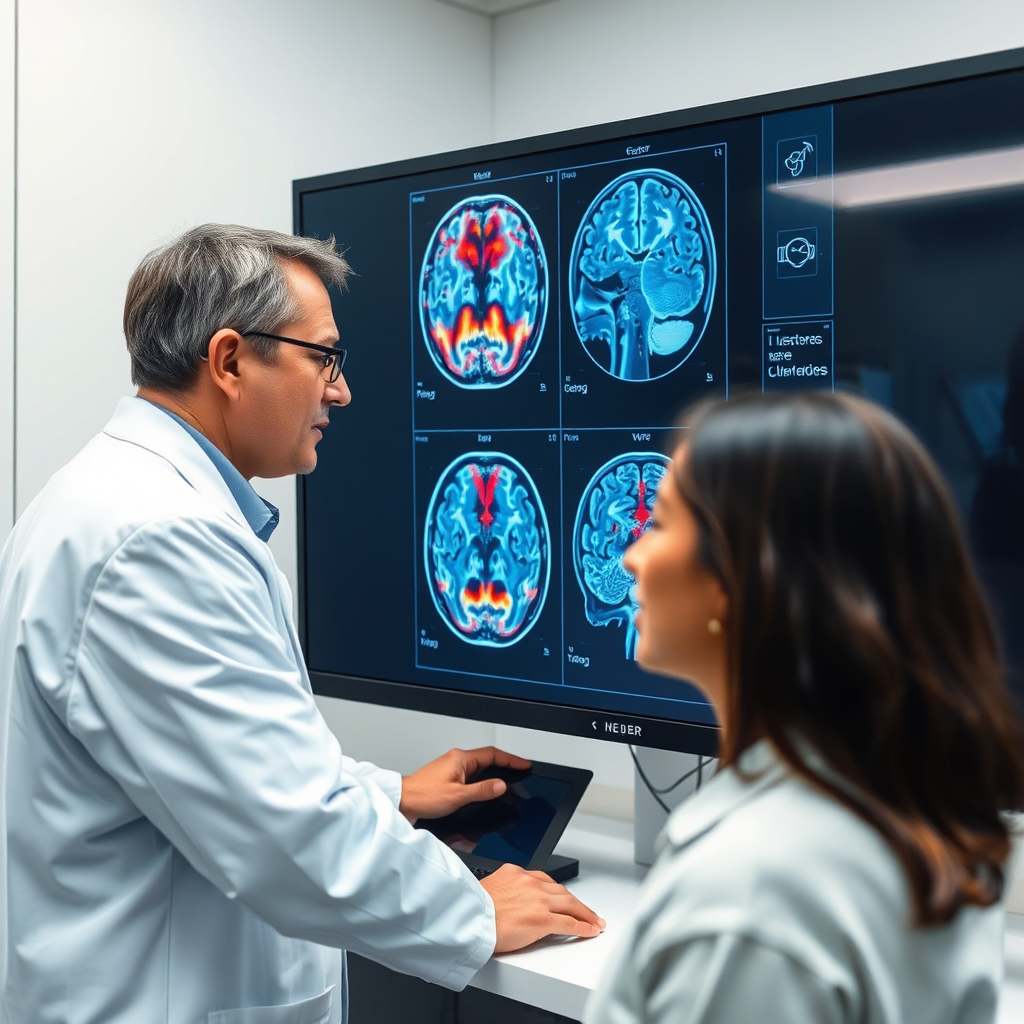A photorealistic image of a researcher using advanced neuroimaging technology to scan a participant's brain. The brain scan is displayed on a large monitor, showing areas of activity in response to scent stimuli. The lab setting is clean and modern, emphasizing the cutting-edge nature of the research. The style is scientific and professional, conveying the rigor and precision of the research methods. Technical Specs: 4K resolution, photorealistic, advanced lighting techniques.