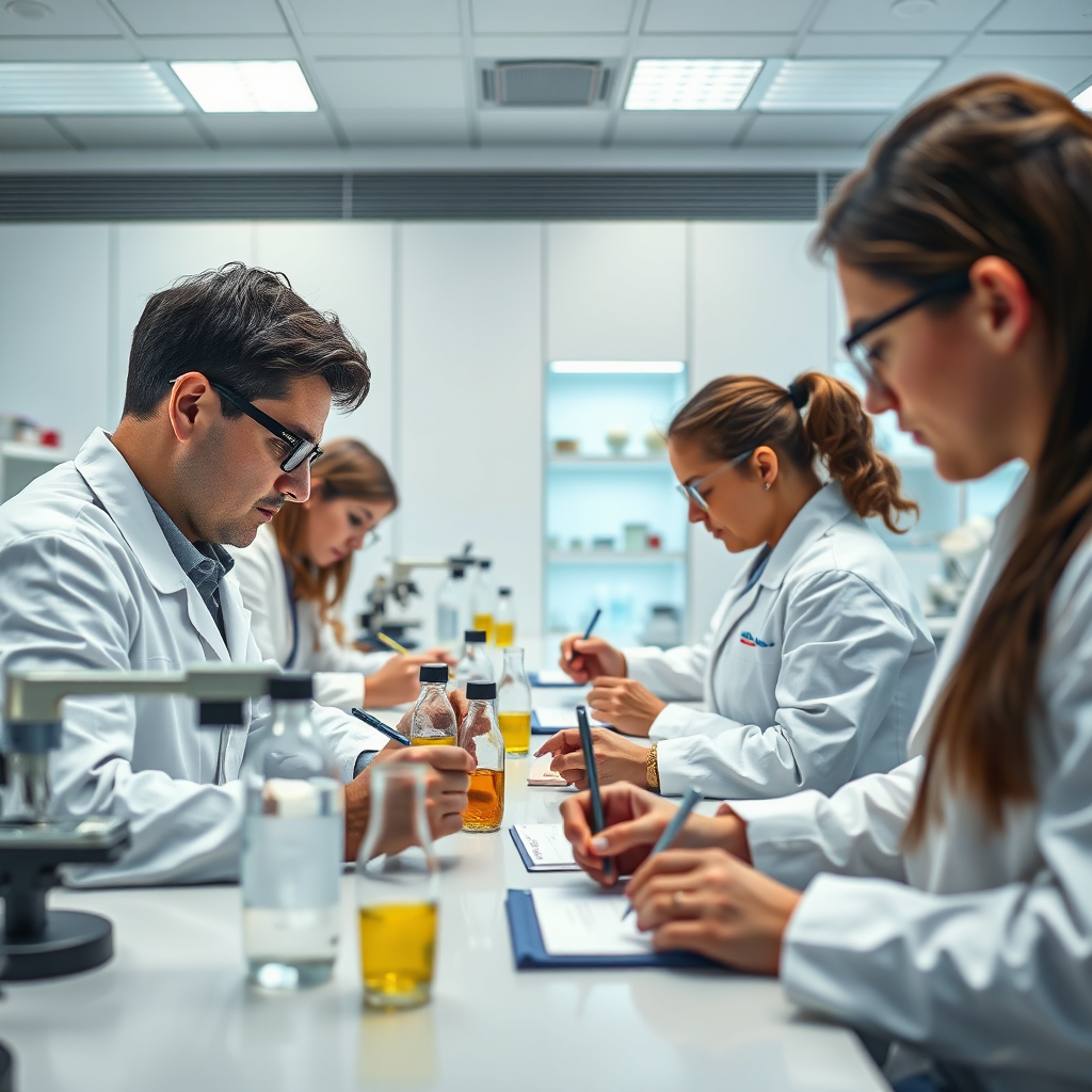 A photorealistic image of a sensory panel evaluating different scent samples in a controlled lab environment. Panelists are focused and attentive, writing notes on their evaluations. The lab is clean and modern, with specialized equipment for scent analysis. The style is professional and scientific, conveying the rigor and precision of the sensory evaluation process. Technical Specs: 4K resolution, photorealistic, controlled lighting.