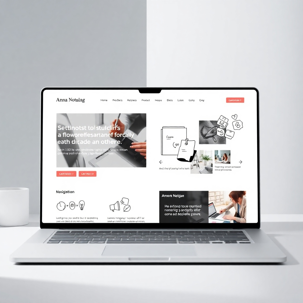 A photorealistic image of a sleek, modern website design incorporating elements of sketchnoting.  The style should be clean and sophisticated. The color palette should match the branding of Anna Notuje. The image should focus on the user experience, showcasing intuitive navigation and visually appealing content.  Technical Specs: 4K resolution image,  emphasis on modern web design and user experience.