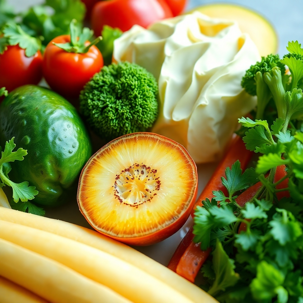 A photorealistic image of fresh, healthy foods. Bright colors and textures should be highlighted. Resolution: 4K