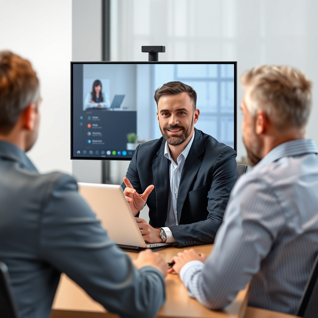 A photorealistic image of Stefan conducting an online consultation with a client. Focus on the professionalism and remote guidance.