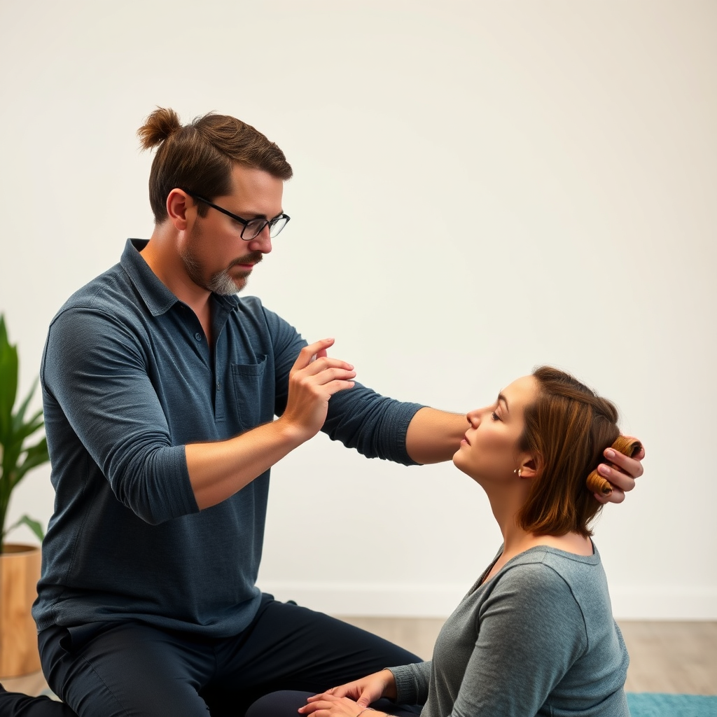 A photorealistic image showing a one-on-one breathwork session between Stefan and a client in a calm studio. Focus on the connection and personalized guidance.