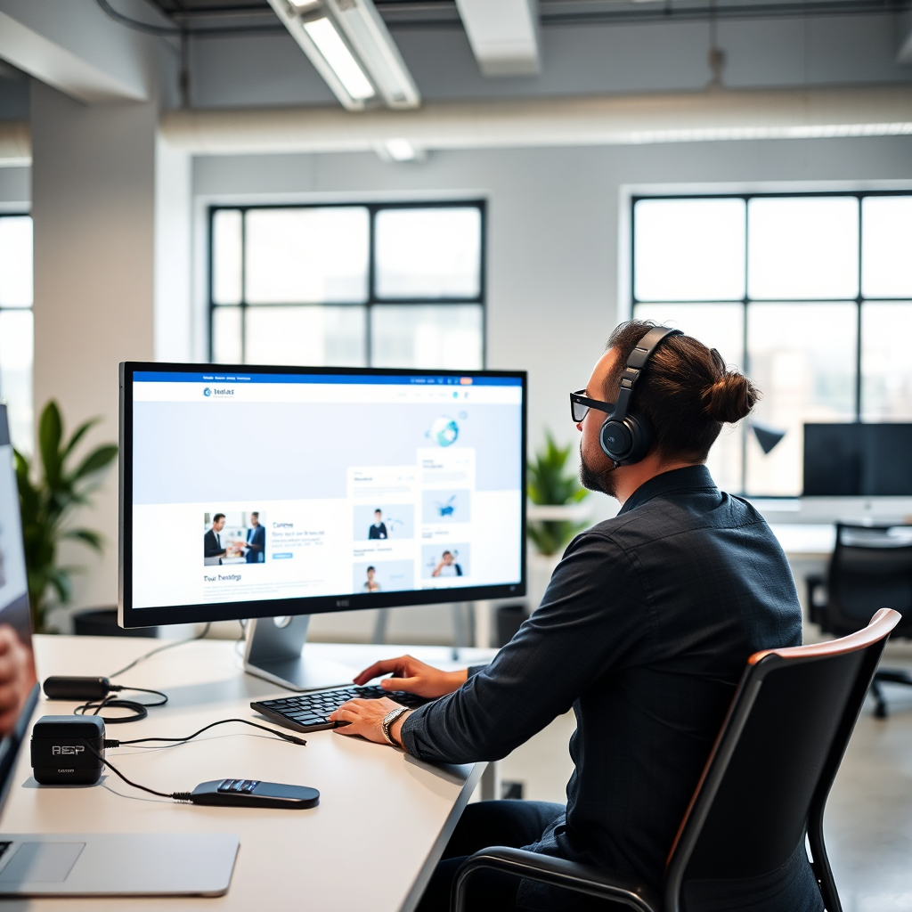 A professional web designer working on a website layout. The designer is using a large monitor displaying a clean and modern website design. The background is a well-lit office space. The color palette includes shades of white, gray, and blue. The overall impression is one of creativity and professionalism. Camera angle: Medium shot.