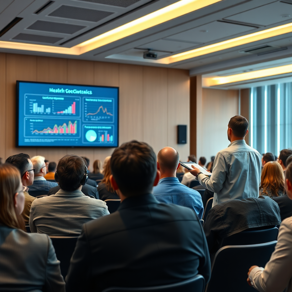 A researcher presenting their findings at a scientific conference, using a dynamic presentation with graphs, charts, and data visualizations. The audience is attentive and engaged, asking questions and participating in the discussion. The conference hall is professional and academic, with a large screen displaying the presentation. The style is informative and authoritative, conveying the credibility of the research. Technical Specs: 4K resolution, photorealistic, dynamic composition.