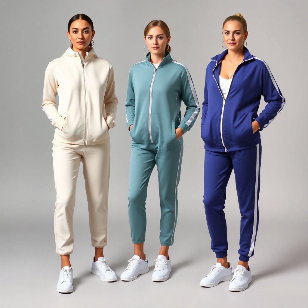 A series of images showcasing how the tracksuits look on different body types. Ensure that all models are empowered and represent various age groups.