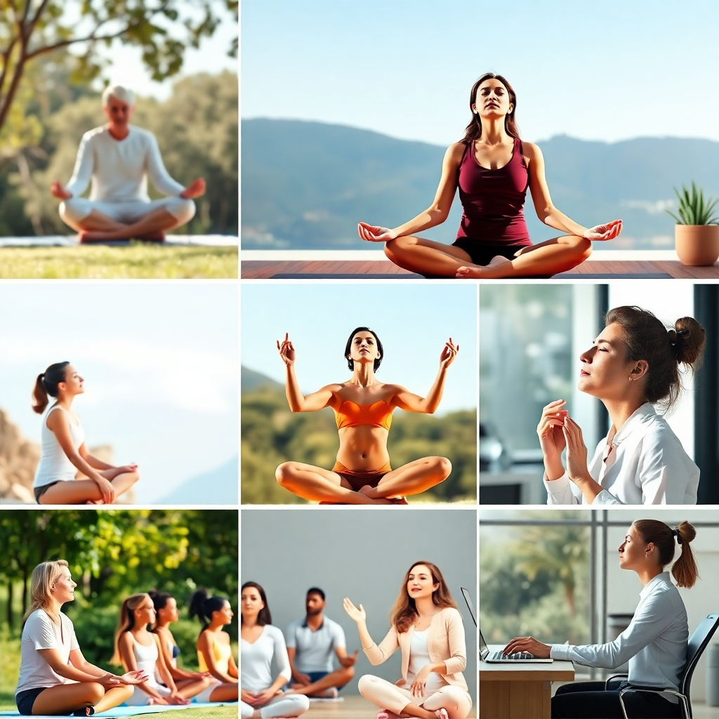 A series of photorealistic images showing different people performing various breathing exercises in a variety of settings.  One image could show a person meditating outdoors, another could depict a person practicing deep breathing during yoga, and a third image could depict someone using breathwork techniques at their desk at work.   Each image should be brightly lit and visually engaging, showing a diverse group of individuals. The style should be natural and relatable.