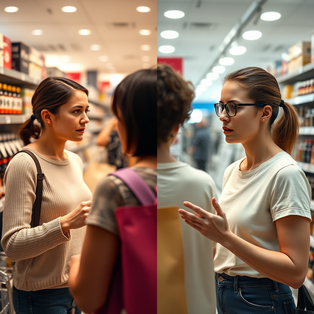 A split-screen image showing two shopping scenarios. On one side, a shopper is surrounded by pleasant scents and is making positive purchasing decisions. On the other side, a shopper is exposed to unpleasant scents and is hesitant and indecisive. The style is realistic and relatable, conveying the impact of scent on consumer behavior. The lighting and color palette should reflect the emotional tone of each scenario. Technical Specs: 4K resolution, photorealistic, split-screen composition.